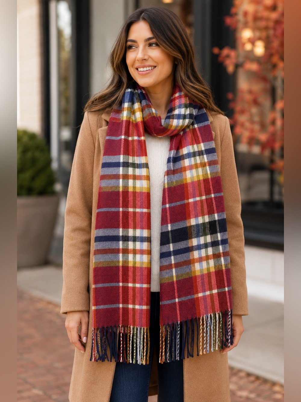 Italy Design Cashmere Blend Red Multicolor Plaid Fringe Scarf
